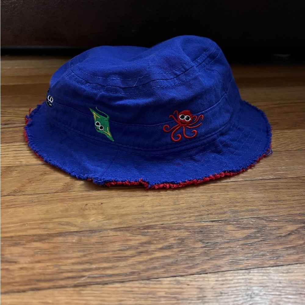 Jhats Infant Embroidered Blue Bucket Hat with Red Trim